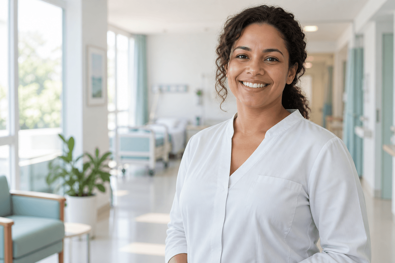 Profissional sorrindo em um ambiente acolhedor